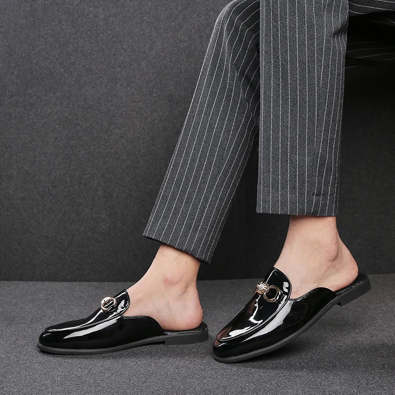 Mens Slipper Boots Fashion Men Shoes Male Black Leather Half Slippers Casual Sandals Summer Mens Italian Lattice Design Big Size