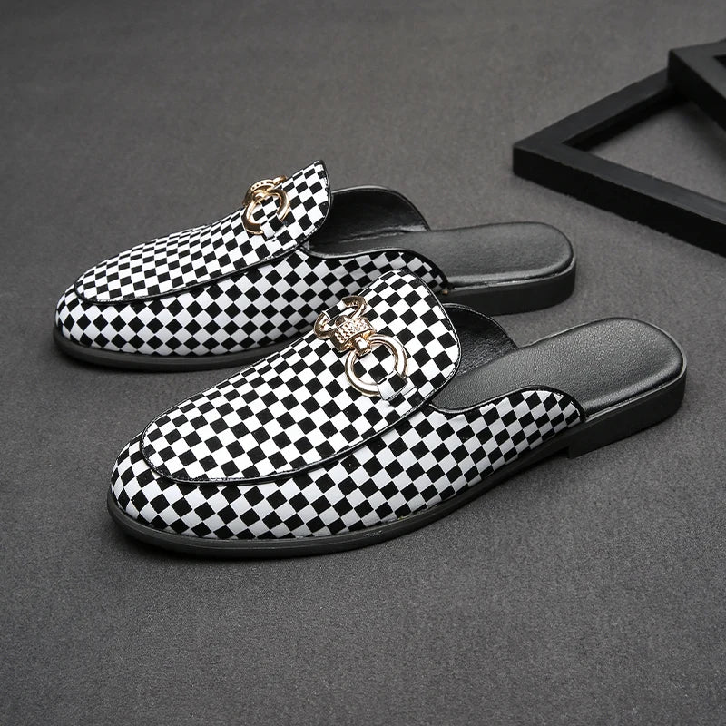Mens Slipper Boots Fashion Men Shoes Male Black Leather Half Slippers Casual Sandals Summer Mens Italian Lattice Design Big Size