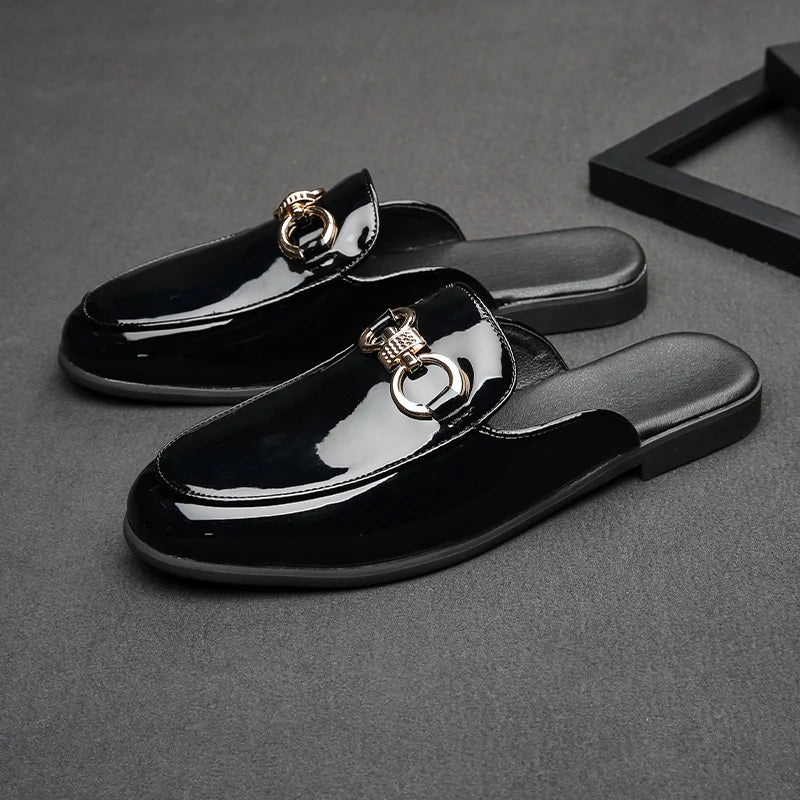 Mens Slipper Boots Fashion Men Shoes Male Black Leather Half Slippers Casual Sandals Summer Mens Italian Lattice Design Big Size