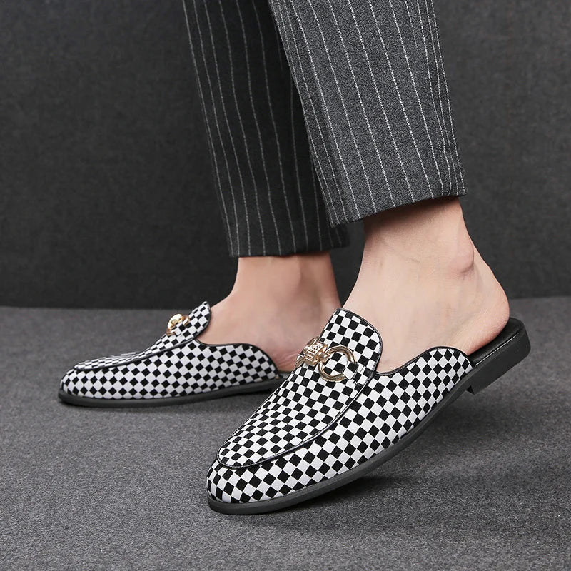 Mens Slipper Boots Fashion Men Shoes Male Black Leather Half Slippers Casual Sandals Summer Mens Italian Lattice Design Big Size