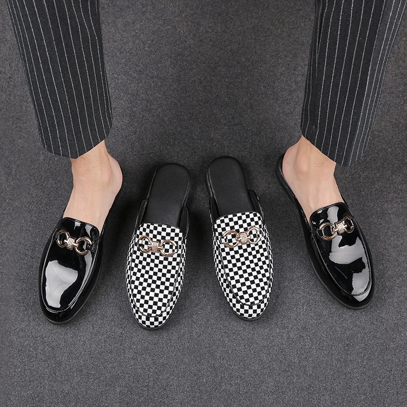 Mens Slipper Boots Fashion Men Shoes Male Black Leather Half Slippers Casual Sandals Summer Mens Italian Lattice Design Big Size