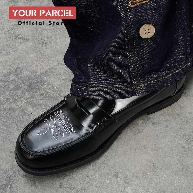 Loafers leather shoes for men Slip in Western style embroidery design for trendy dress shoes