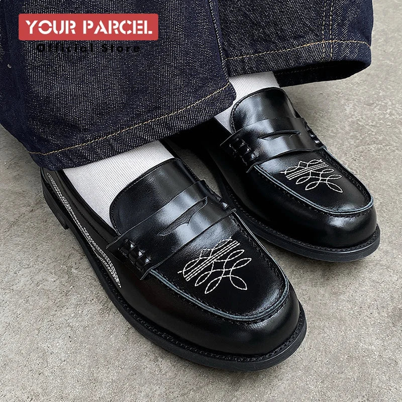 Loafers leather shoes for men Slip in Western style embroidery design for trendy dress shoes