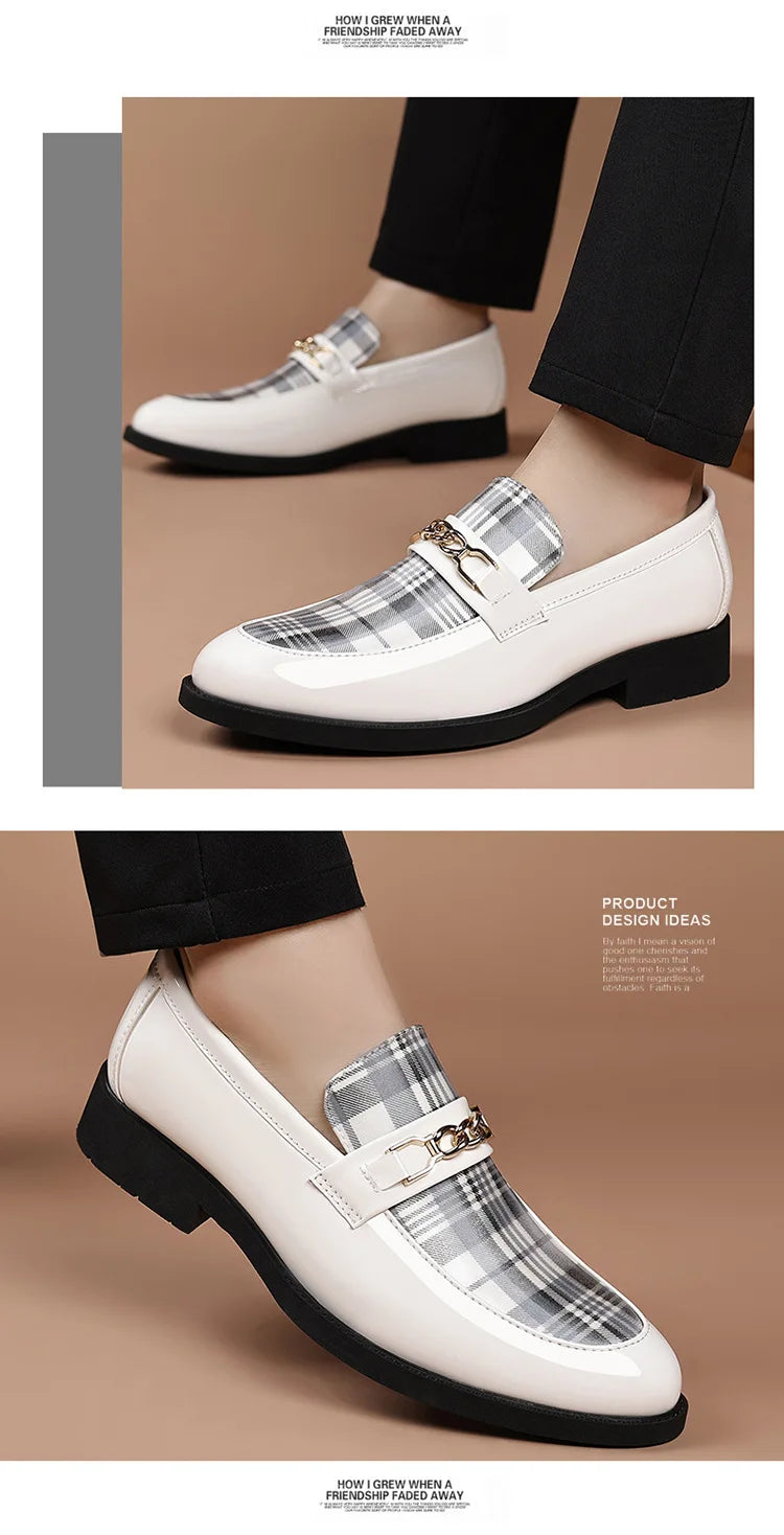 White Men's Dress Shoes Pointed Toe Oxfords Classic Business Men Leather Shoes Slip on Wedding Casual Shoes  Comfortable Loafers