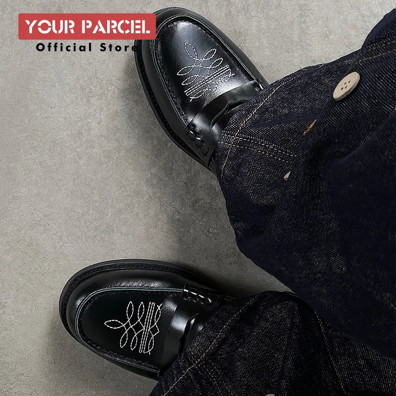 Loafers leather shoes for men Slip in Western style embroidery design for trendy dress shoes