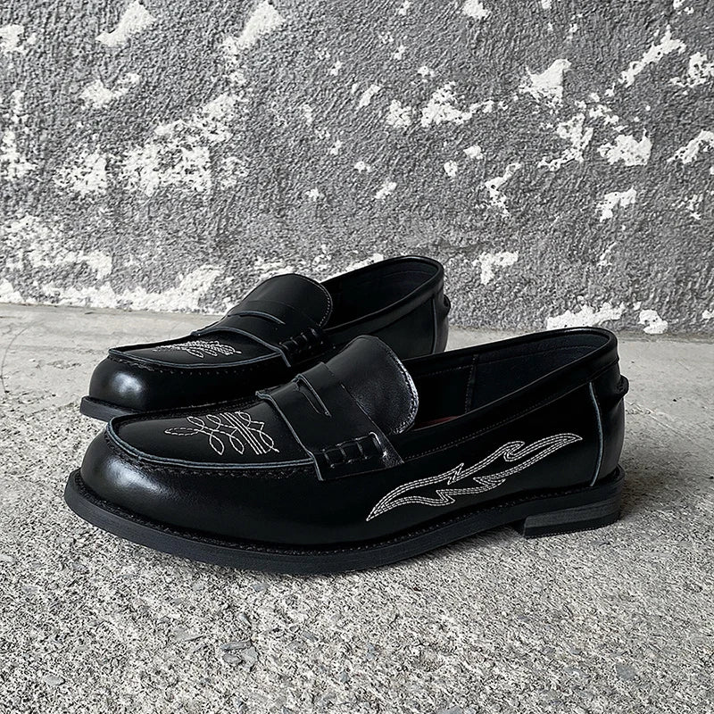 Loafers leather shoes for men Slip in Western style embroidery design for trendy dress shoes