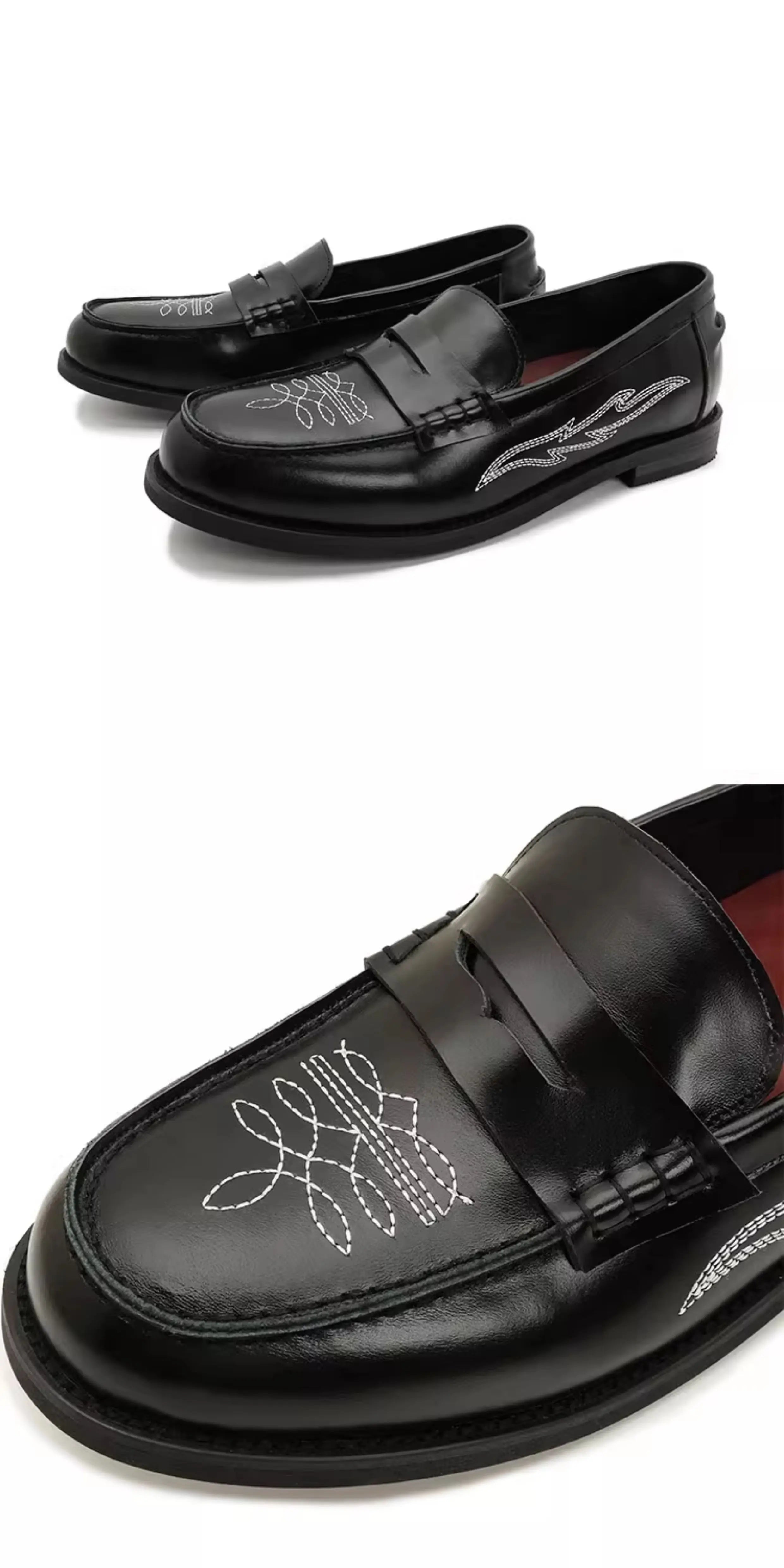 Loafers leather shoes for men Slip in Western style embroidery design for trendy dress shoes