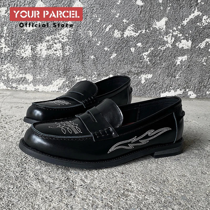 Loafers leather shoes for men Slip in Western style embroidery design for trendy dress shoes