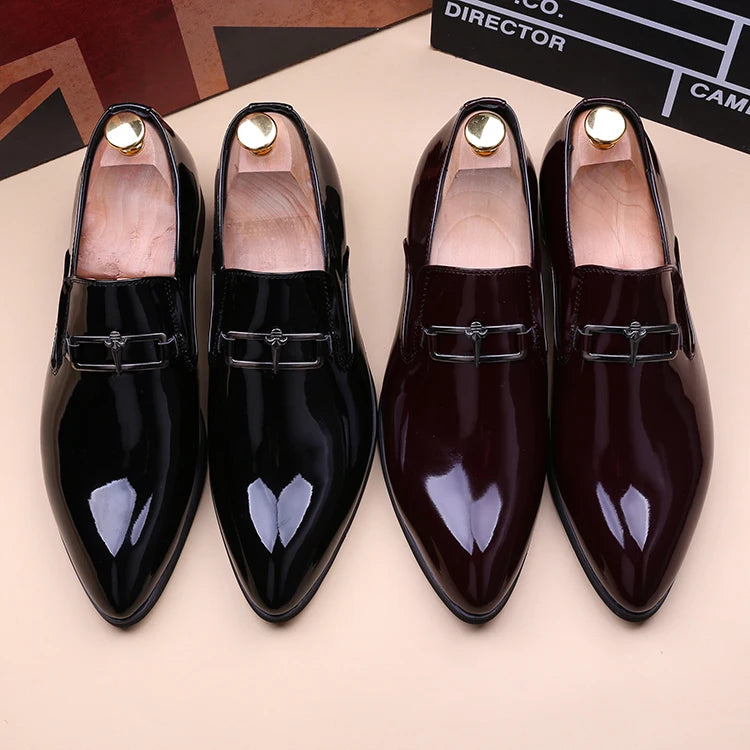 mens fashion wedding party dress patent leather shoes black red slip-on pointed toe shoe designer summer loafers trendy footwear